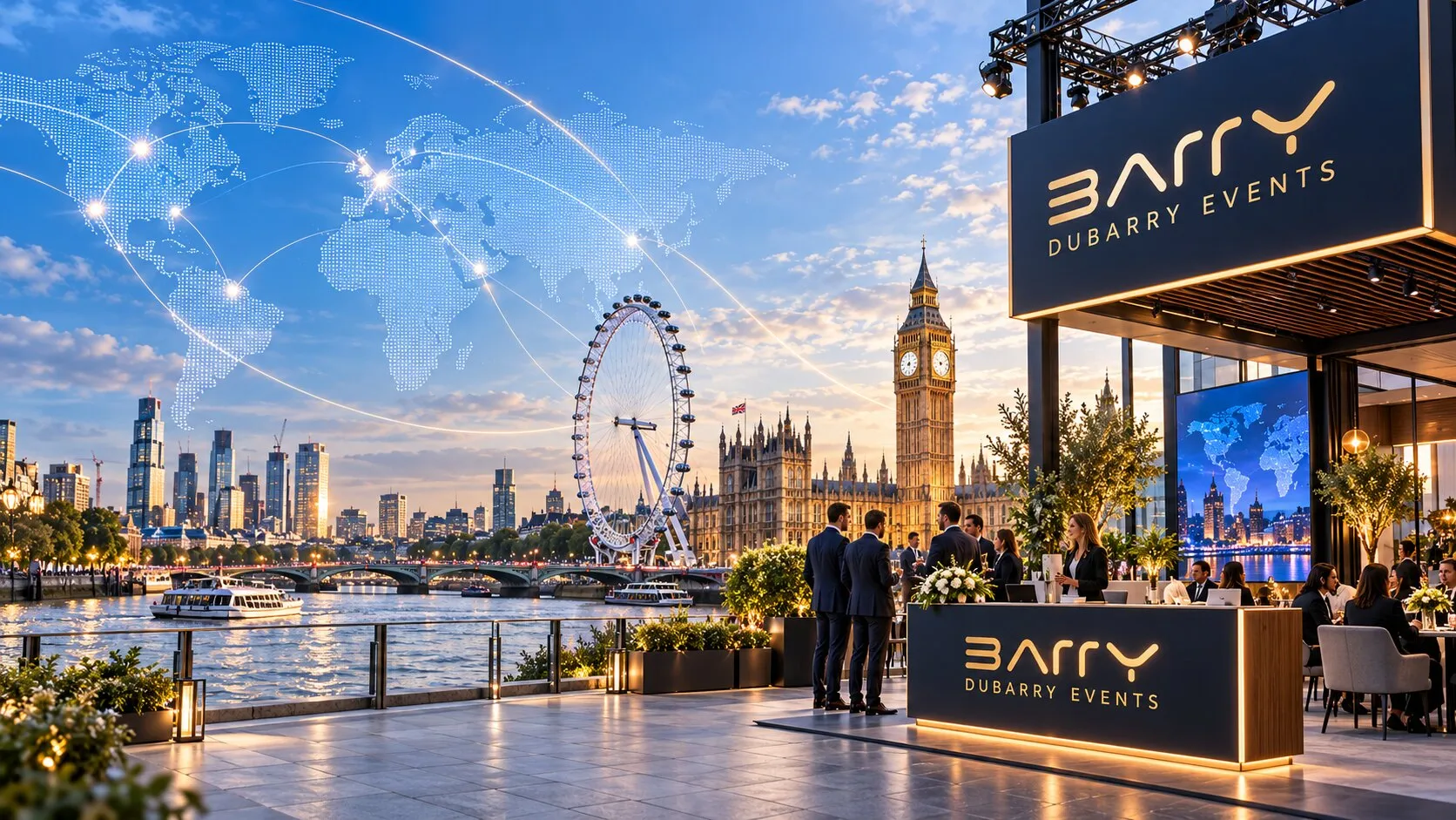 A Dubarry Events reception on the South Bank at dusk, with the London Eye and the Houses of Parliament across the Thames