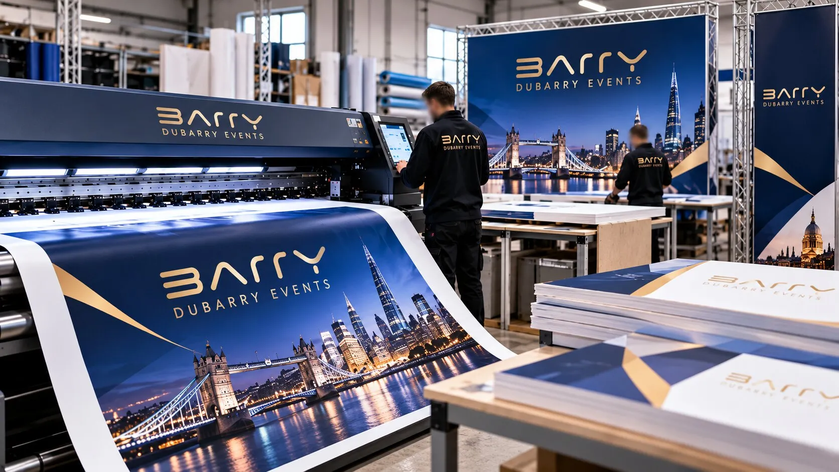 Barry-branded large format graphics coming off a wide-format printer in the workshop