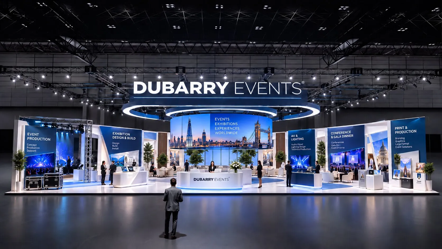 A Dubarry Events exhibition stand in a hall, lit and ready for visitors