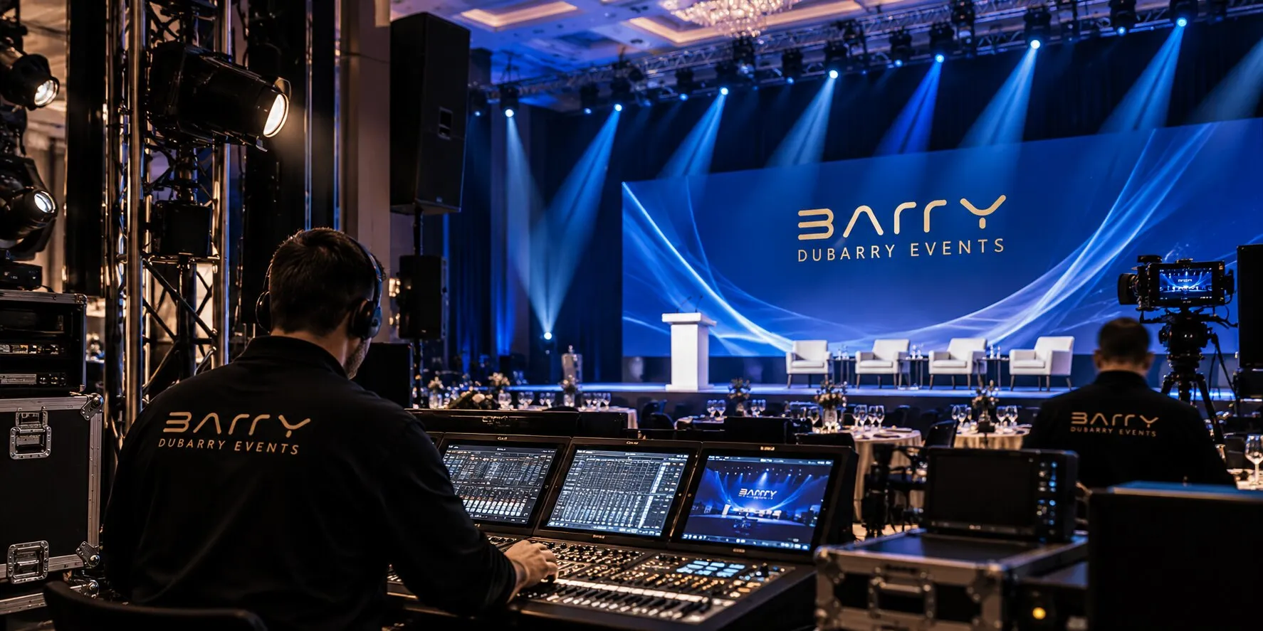 A technician at the AV desk facing a lit Barry stage and screen