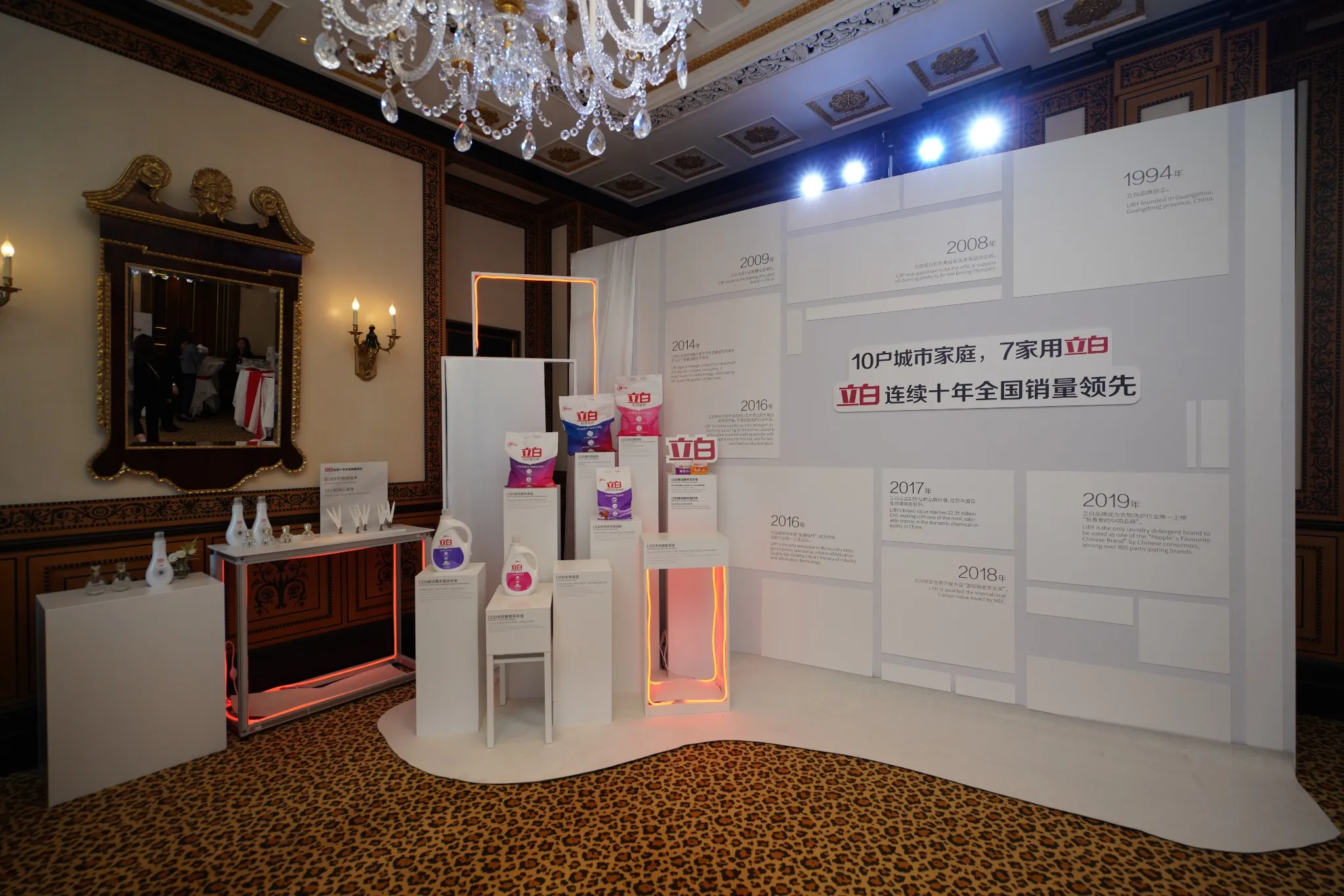 Product display units and timeline panels arranged along the room