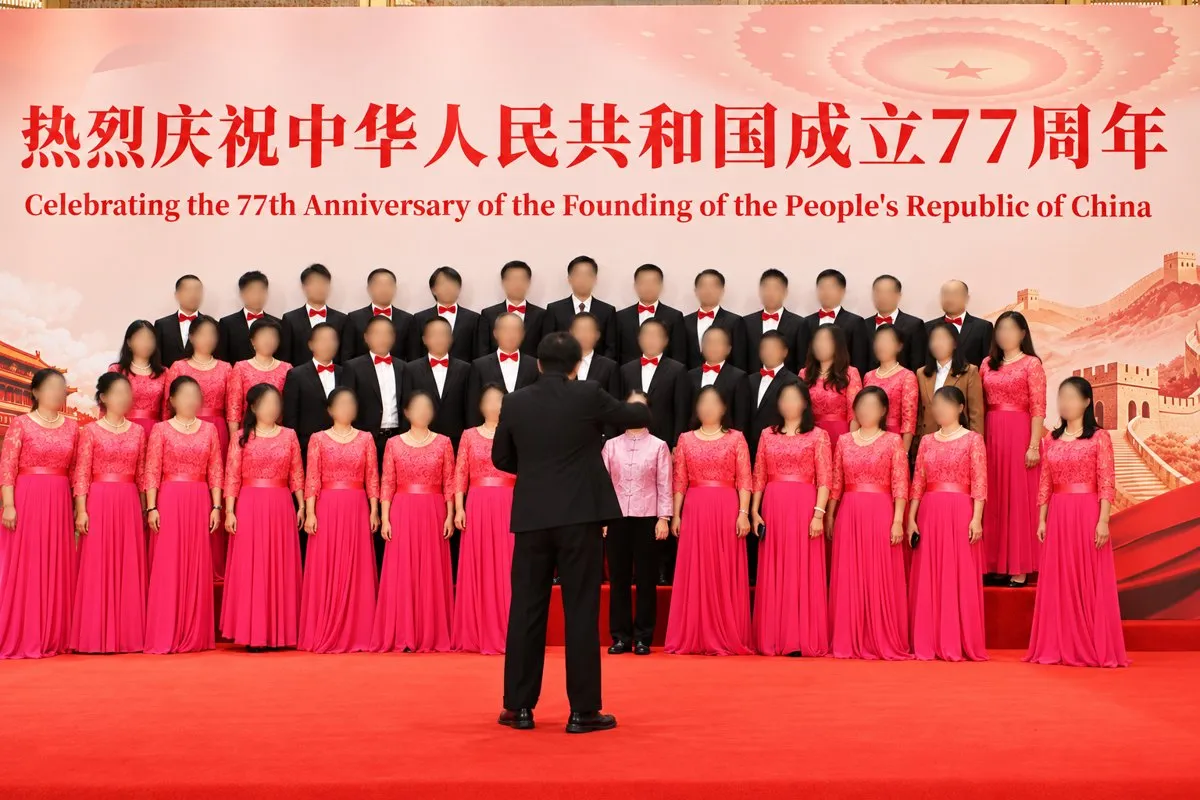 A choir in red and black performing under a conductor